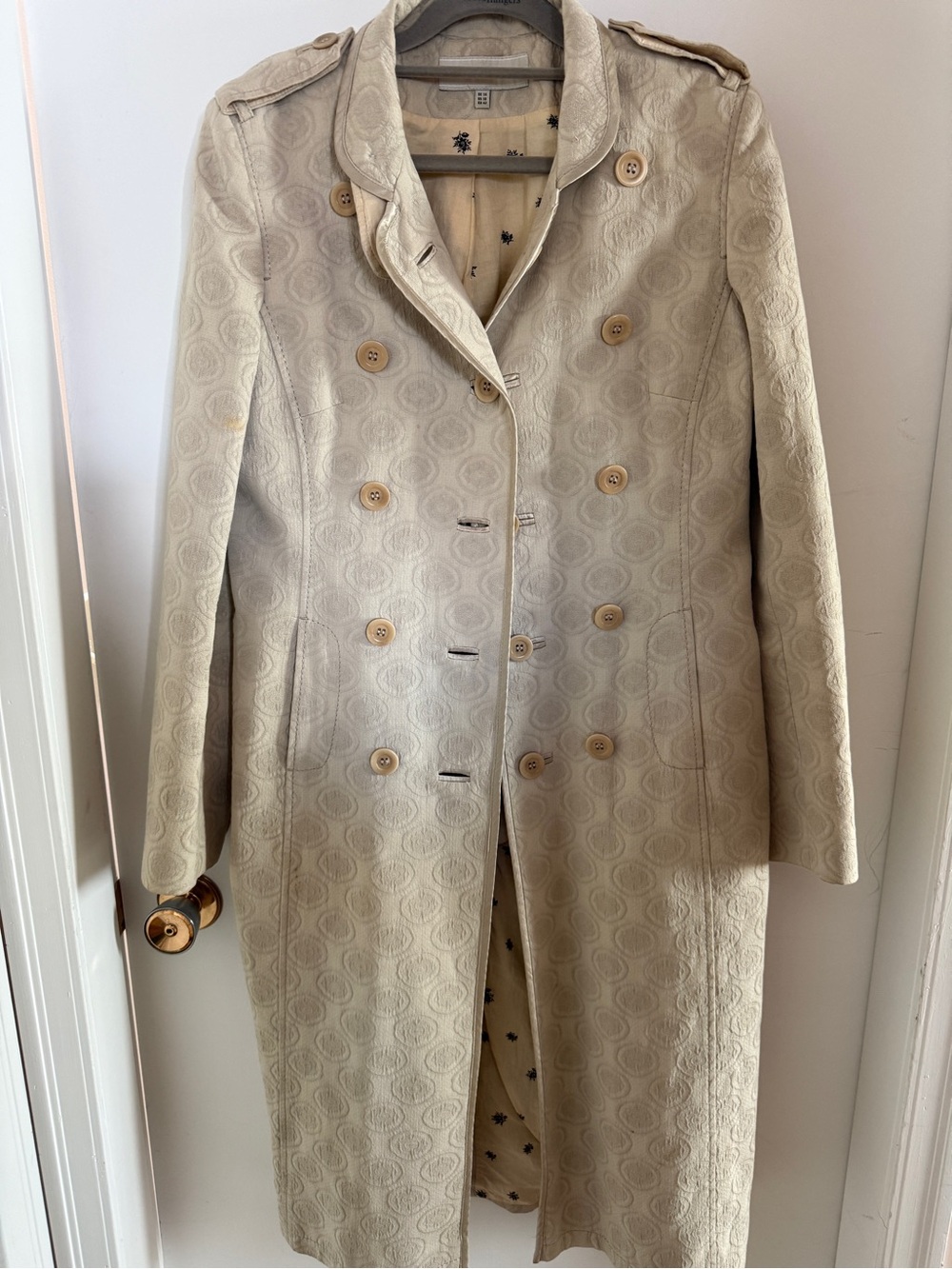 Karen Millen UK 14 Champagne Jacquard Trench Coat Brocade Long
